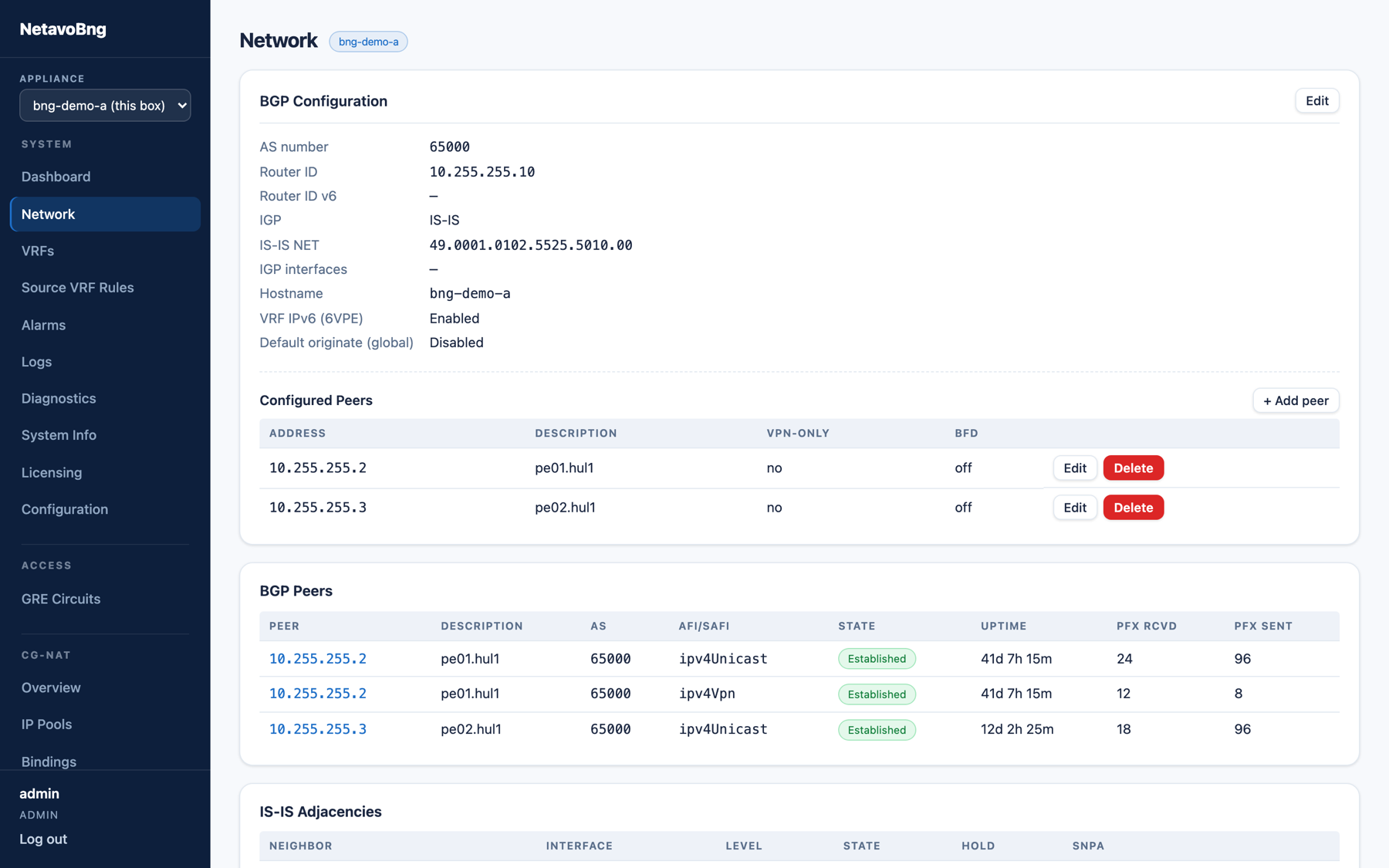Routing view in the management portal: BGP peers, IS-IS adjacencies and MPLS status